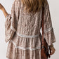 Beige Floral Hollowed Lace Trim Loose Tunic Top