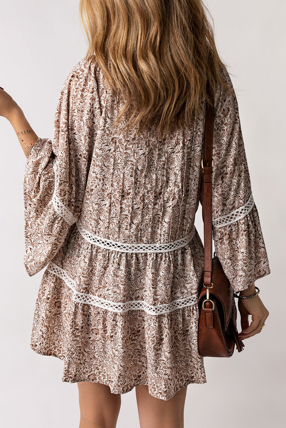 Beige Floral Hollowed Lace Trim Loose Tunic Top