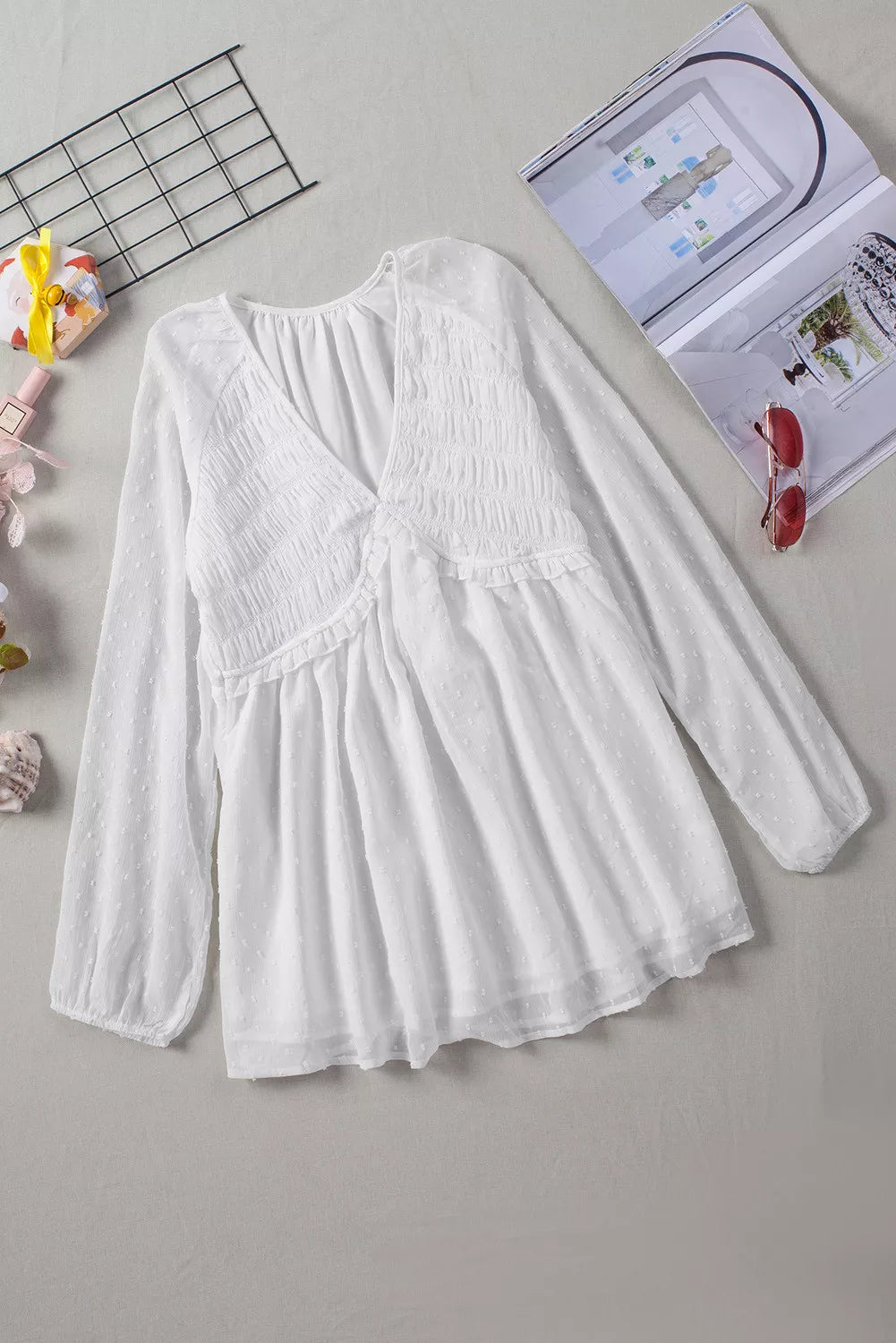 White Swiss Dot Smocked Ruffled V Neck Top