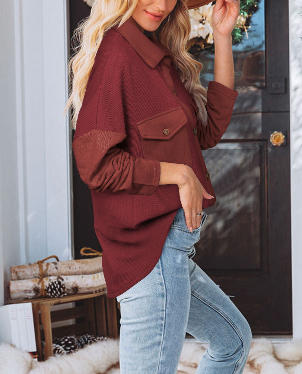 Red Waffle Knit Patch Pocket Shacket