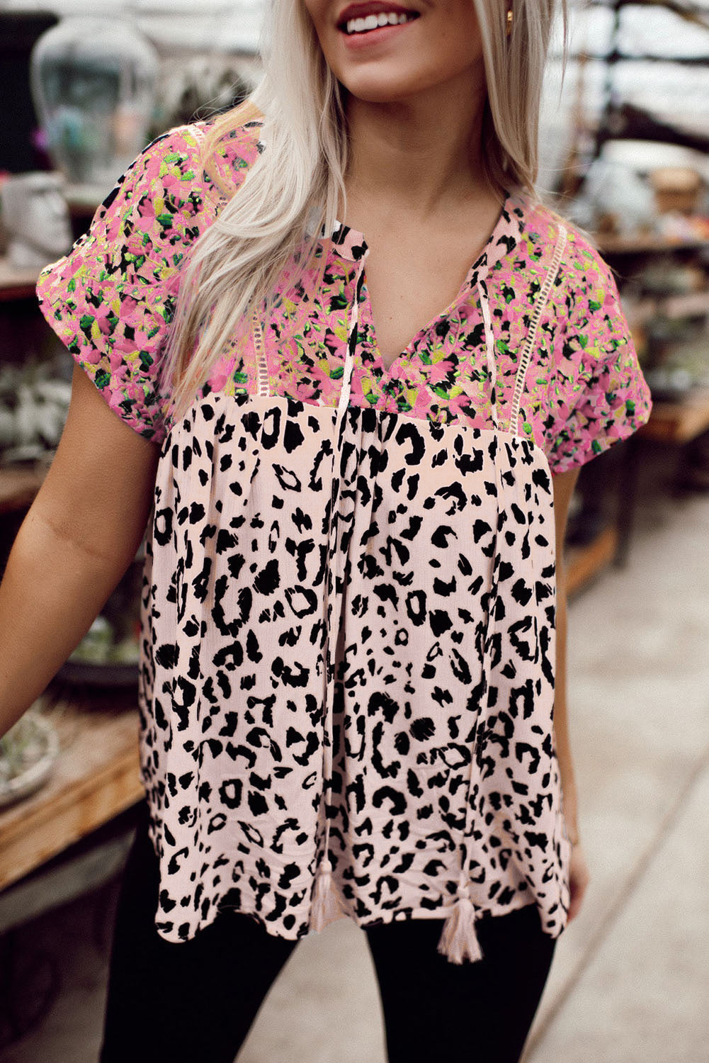Leopard Mix Print Tassel Tie Blouse