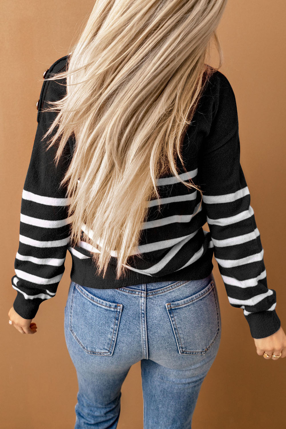 Striped Turtleneck Long Sleeve Sweater with Buttons