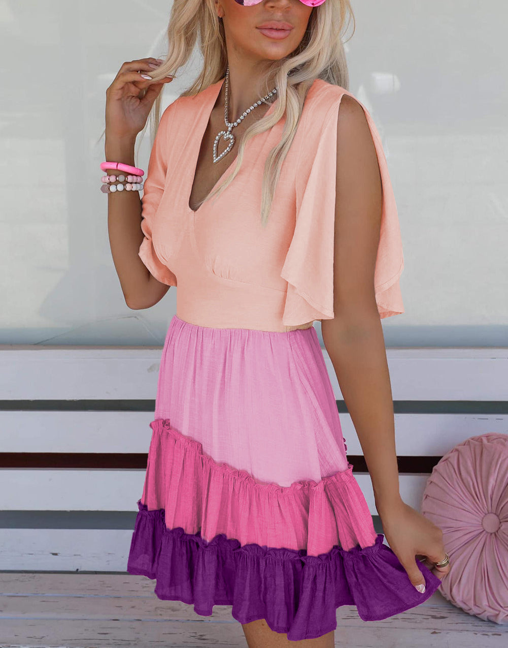 Pink Ombre Colorblock Tiered Dress
