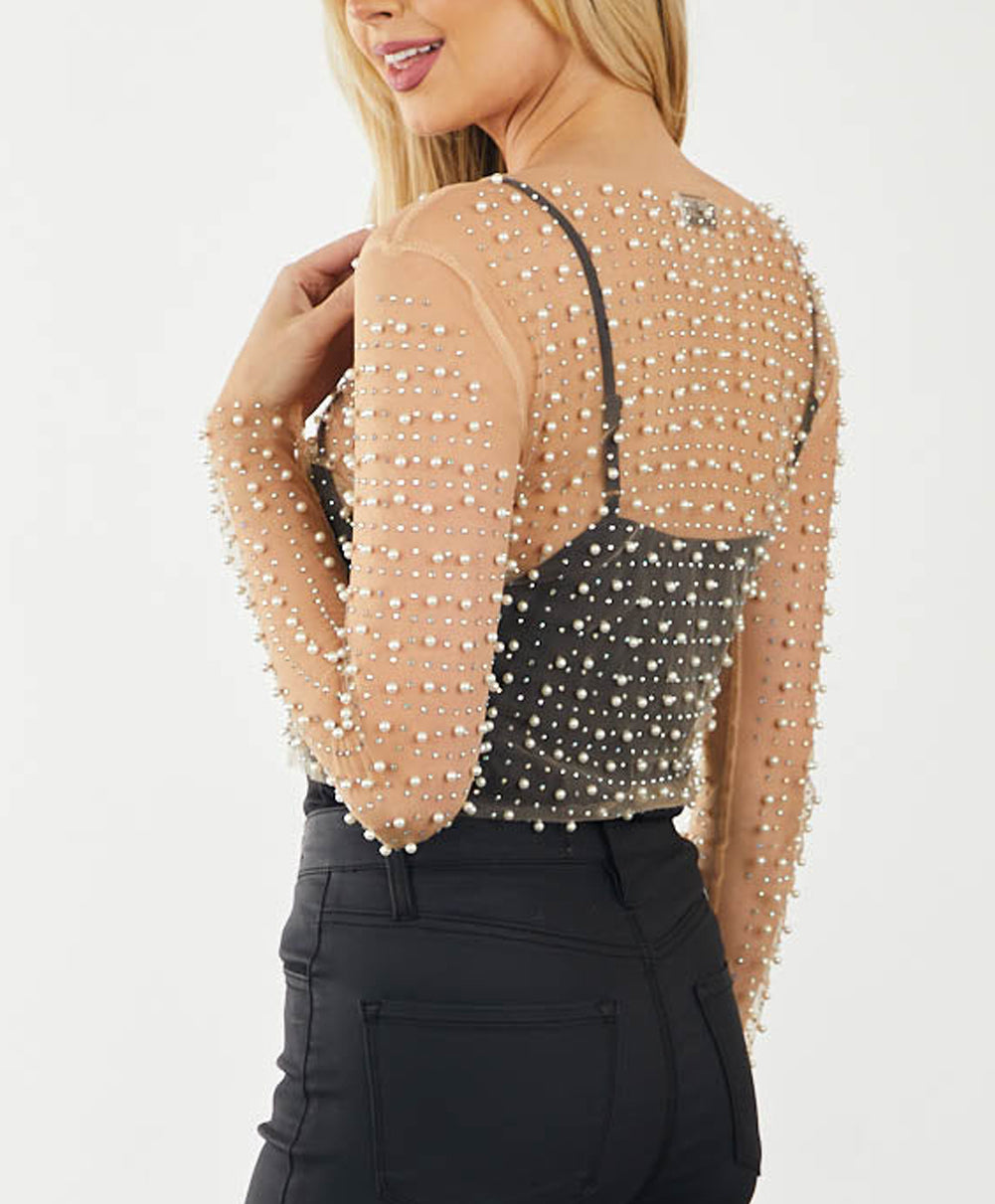 Pearl and Rhinestone Detail Sheer Mesh Top