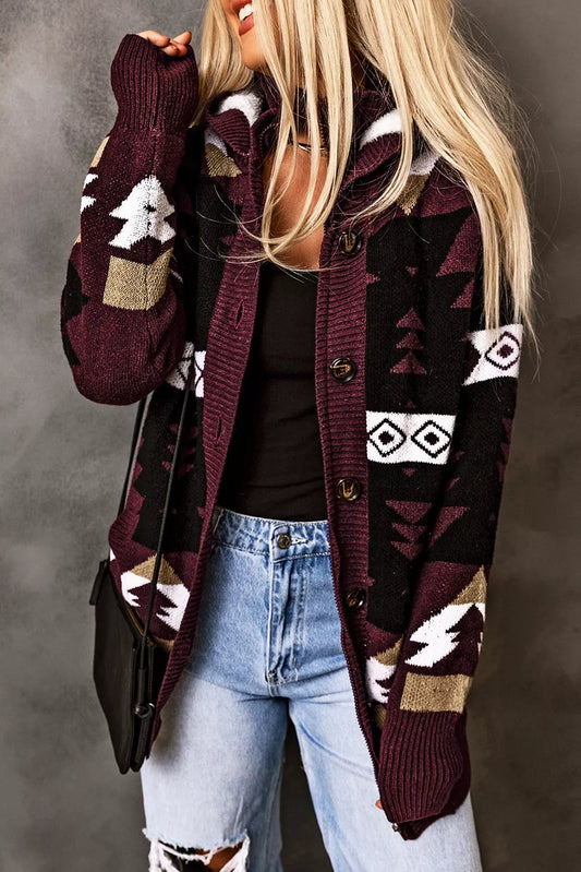 Retro Jacquard Pattern Buttoned Front Hooded Sweater