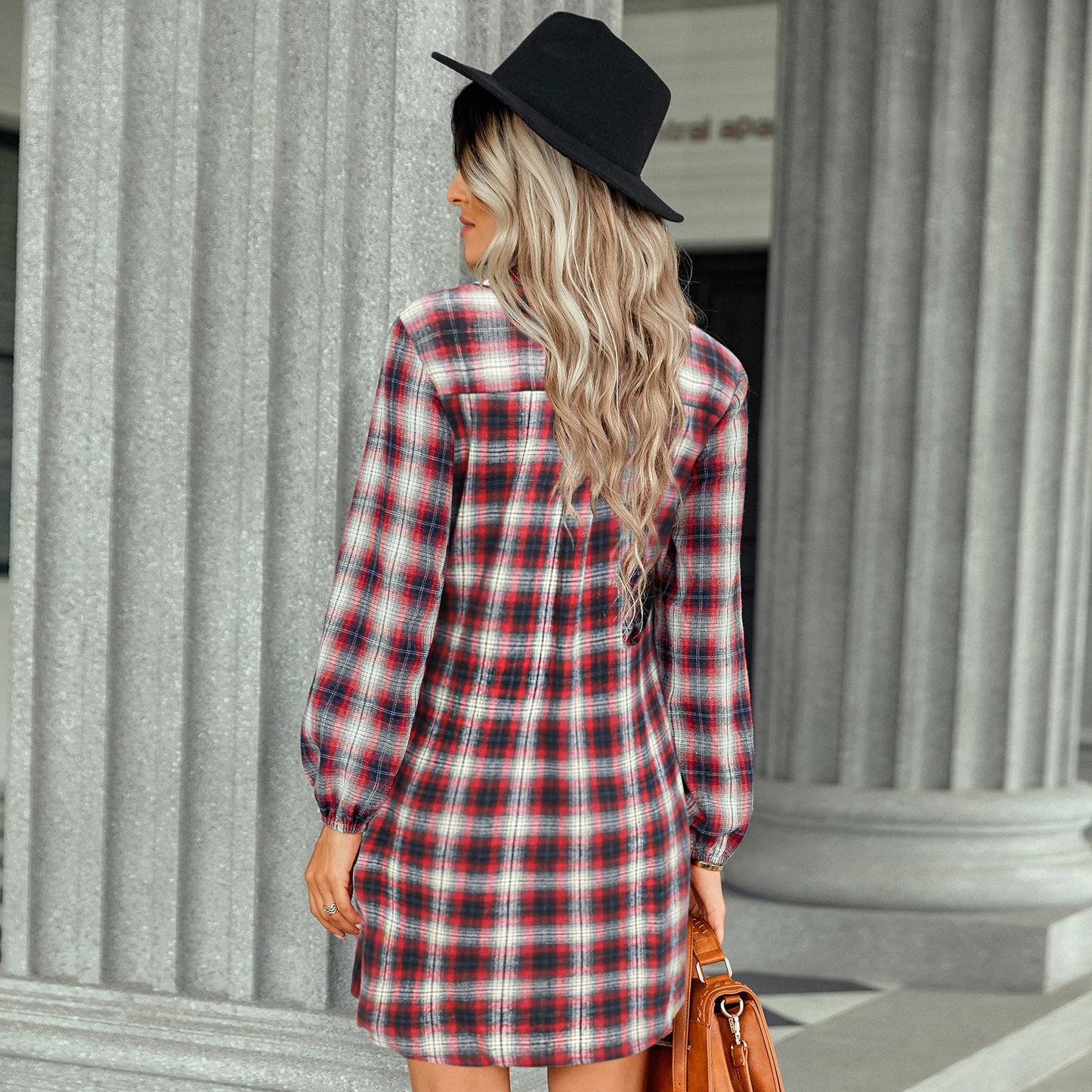 Single breasted fashionable plaid lace waist dress