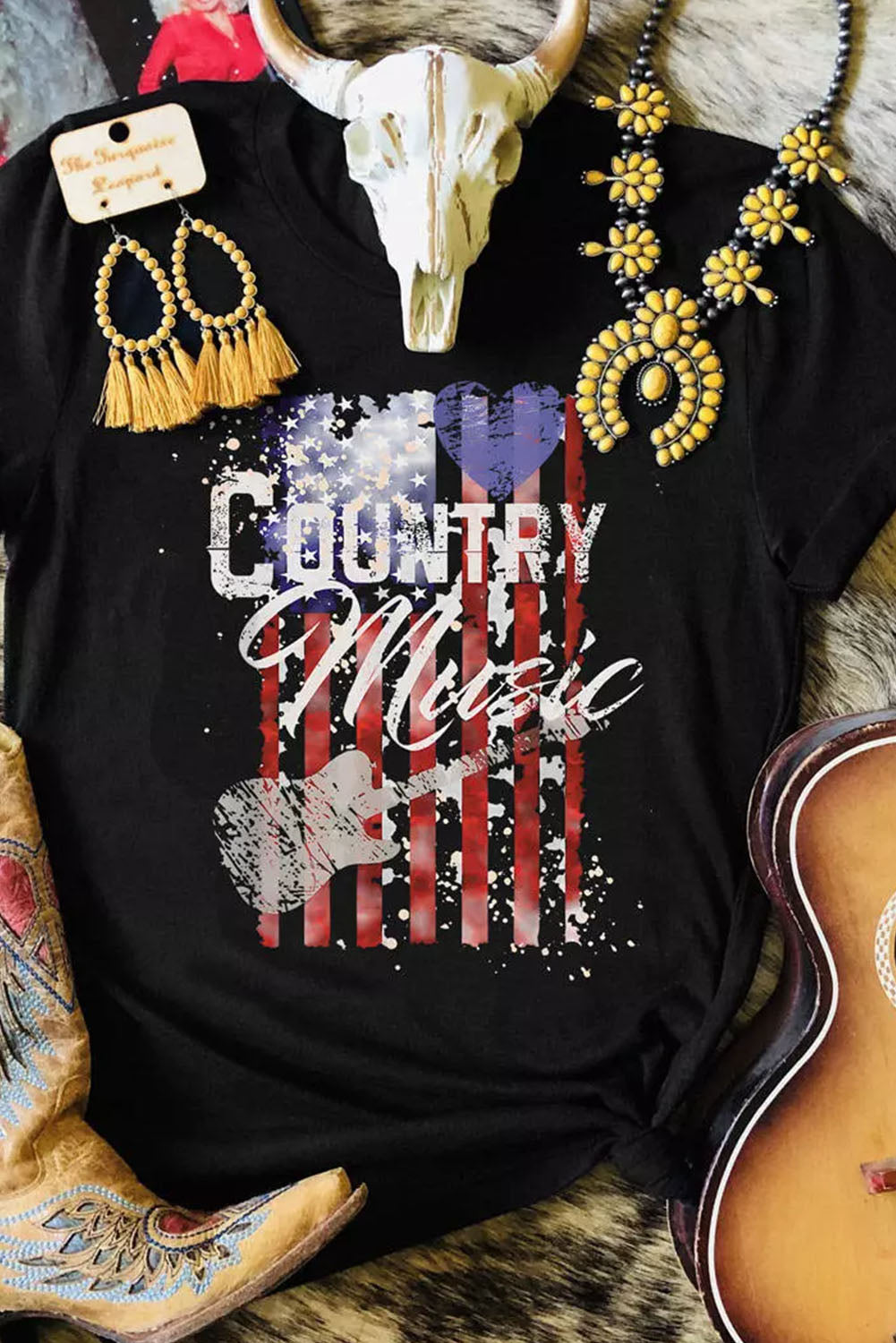 Black Country Music American Flag Print Short Sleeve T Shirt