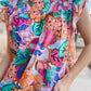 Multicolor Floral Print Flutter Sleeves Smocked Neck Blouse