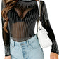Black Rhinestone Sheer Mesh Long Sleeve Bodysuit