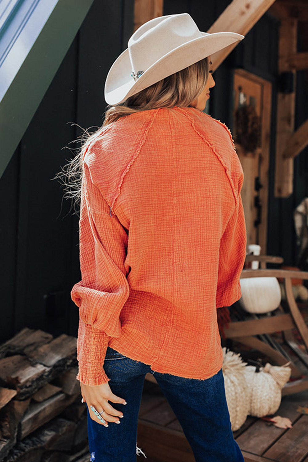 Orange Ruffled Shirred Waffle Knit Pocketed Long Sleeve Shirt