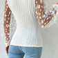 White Floral Applique Mesh Sleeves Textured Knit Blouse