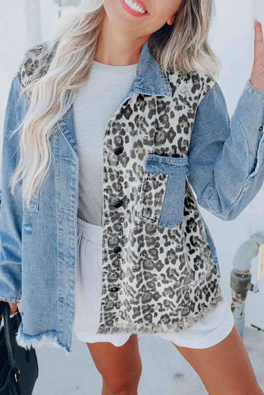 Leopard Contrast Splice Denim Jacket