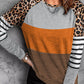 Gray Leopard Striped Color Block Long Sleeve Blouse