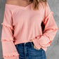 Waffle Ruffled V Neck Loose Knit Top