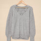 Gray Lace Scalloped V-Neck Side Split Loose Sweater