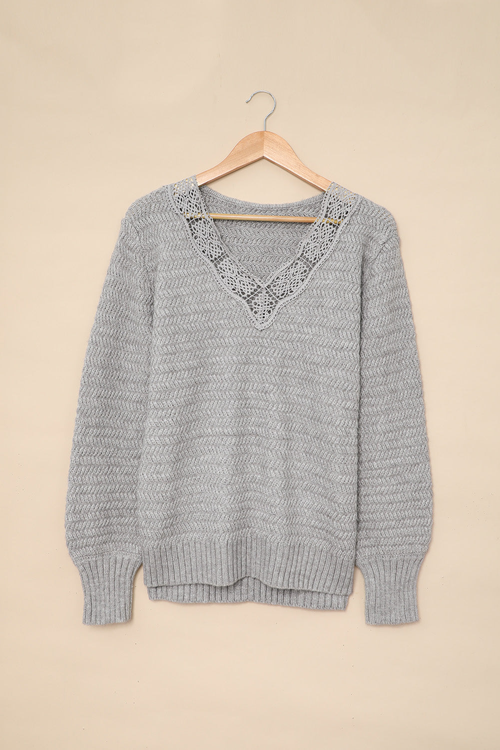 Gray Lace Scalloped V-Neck Side Split Loose Sweater