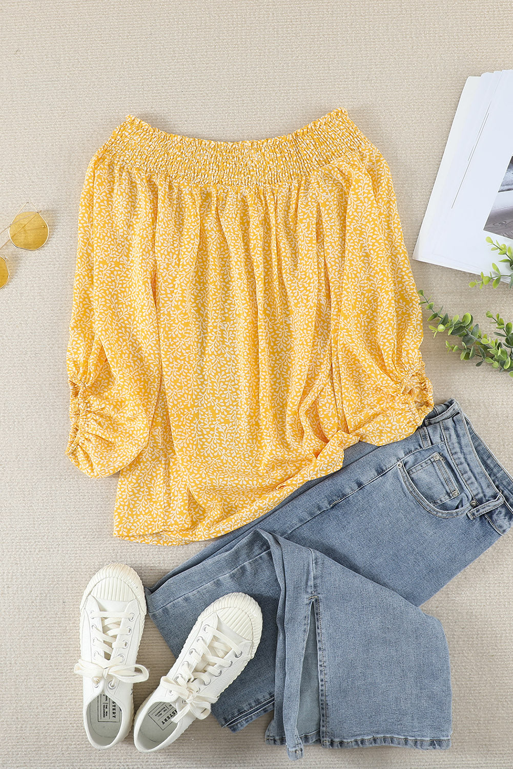 Off Shoulder Floral Print Lantern Sleeve Blouse