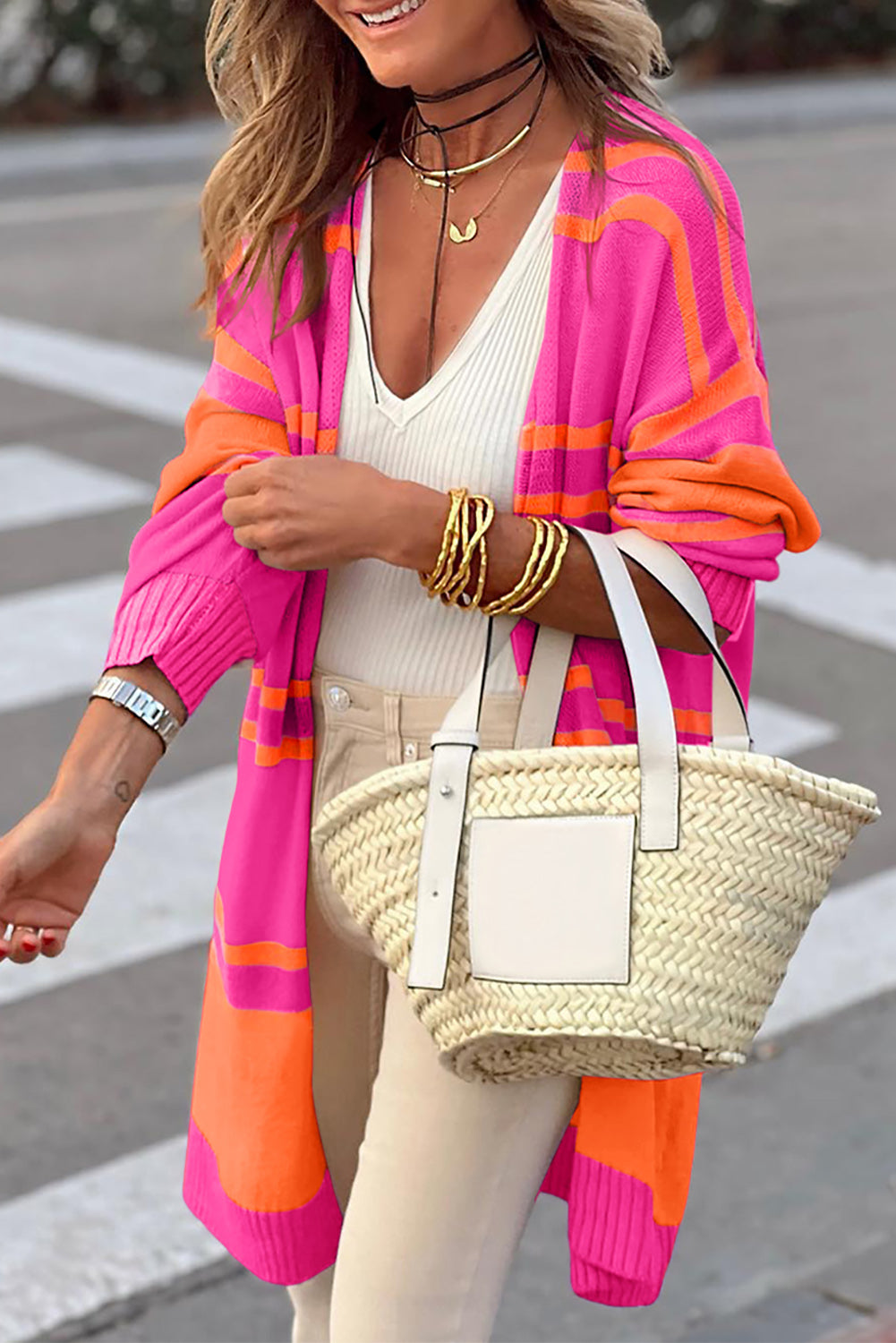 Striped Long Sleeve Ribbed Trim Button Cardigan