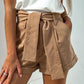 Brown Button Decor Belt Rolled Hem Shorts