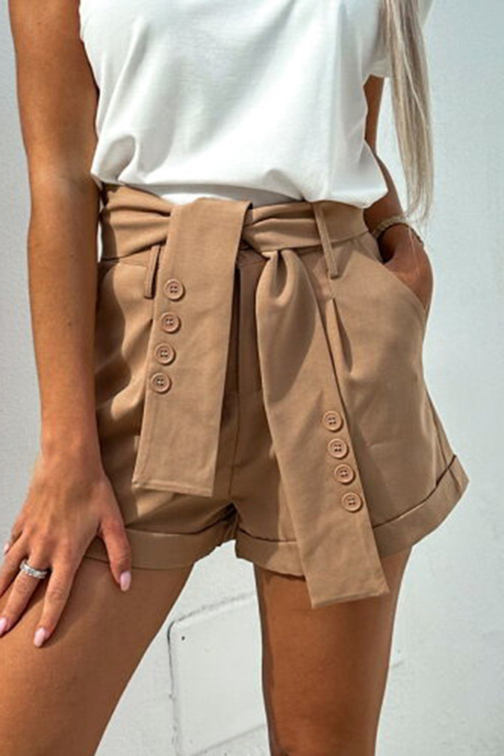 Brown Button Decor Belt Rolled Hem Shorts