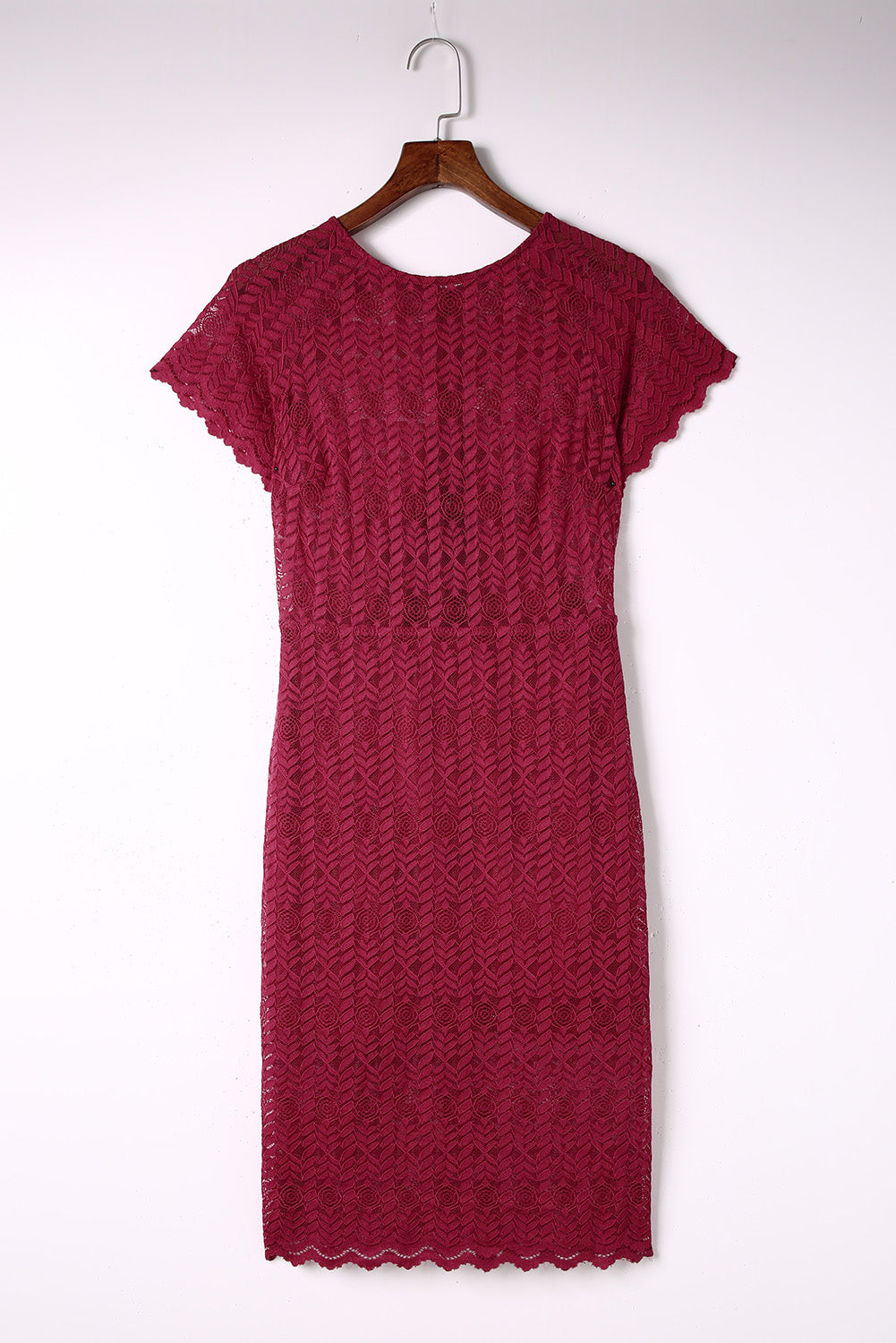 Red Crochet Short Sleeves Lined Midi Dress