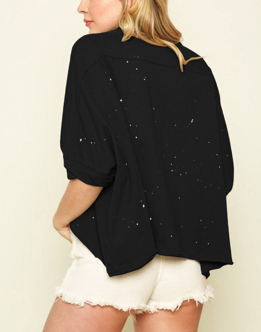 Distressed Bleached Asymmetric Hem Short Sleeve Top