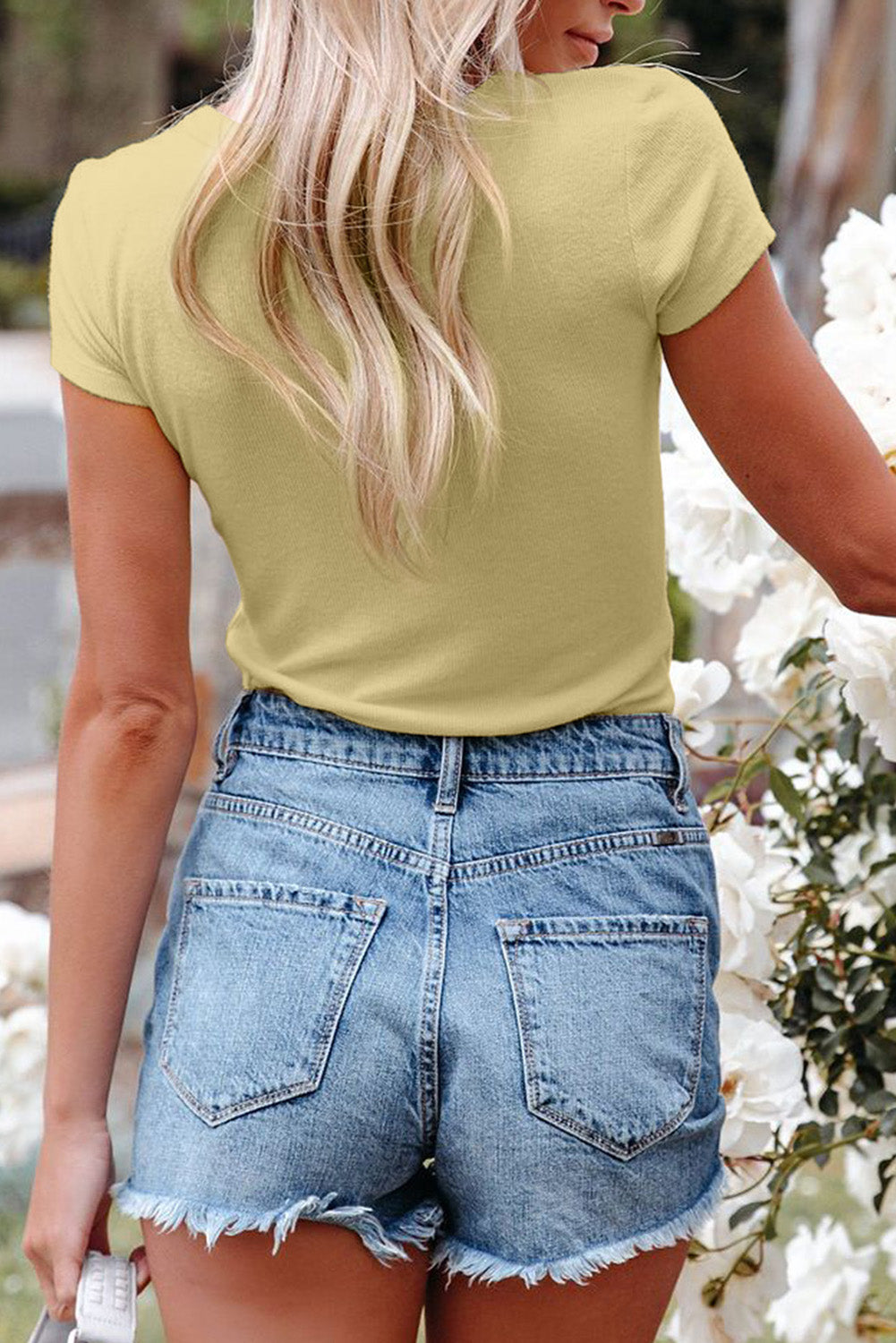 Buttons Slim-fit V Neck Short Sleeve Knit Top