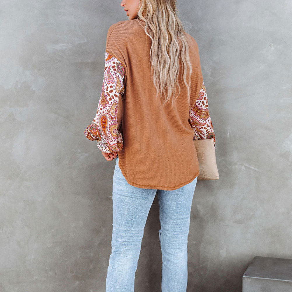 Paisley Contrast Bubble Sleeve Ribbed Top