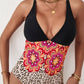 Leopard Floral Criss Cross Deep V Neck One-piece Swimwear