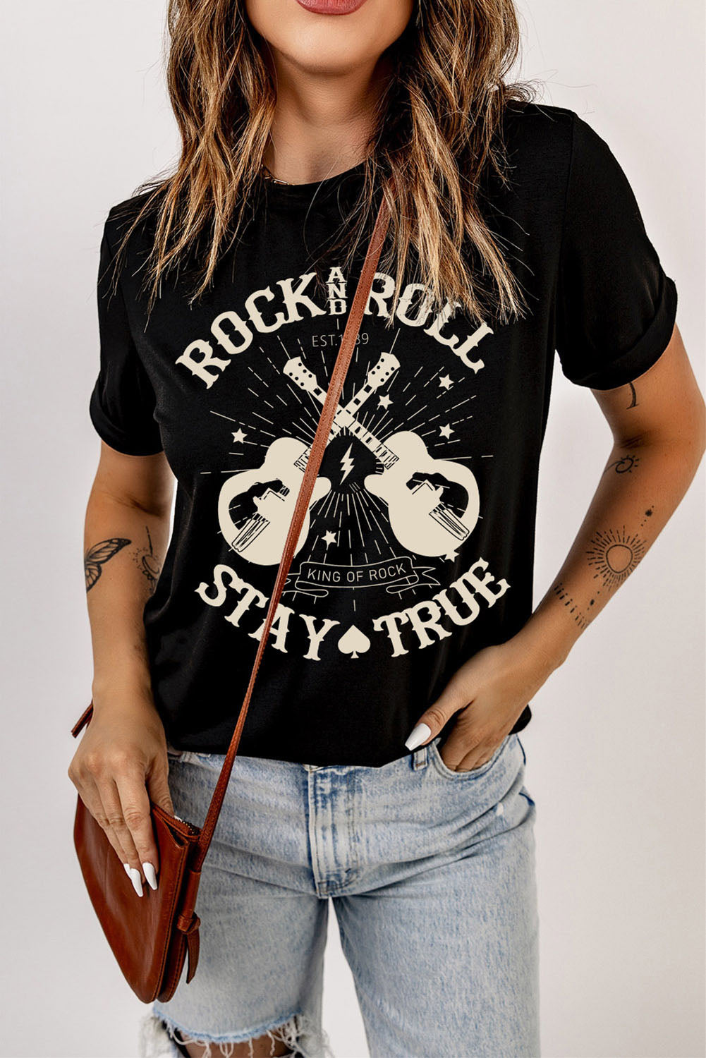 Black Stay True Guitar Graphic Print Short Sleeve Casual T Shirt