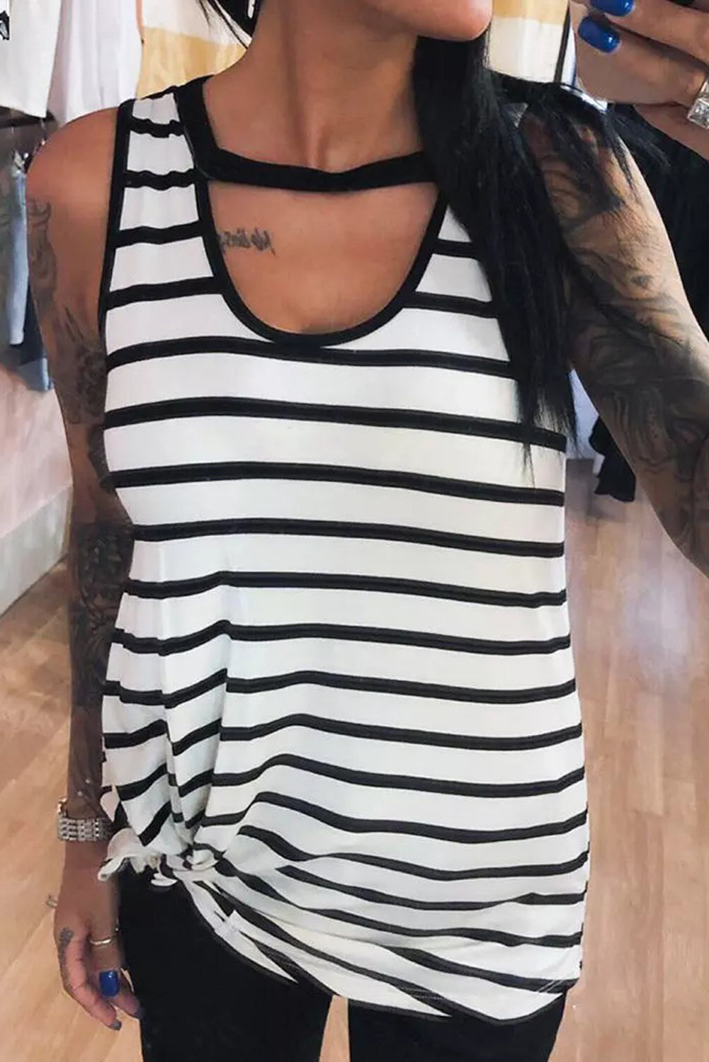 White Striped Keyhole Neck Tank