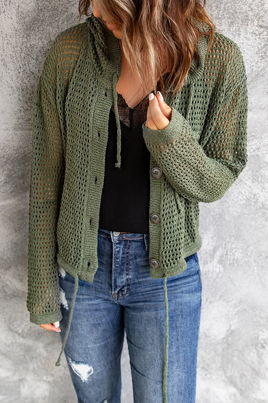Green Button up Long Sleeve Hooded Cardigan
