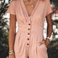 Pink Deep V Neck Buttoned High Waist Romper