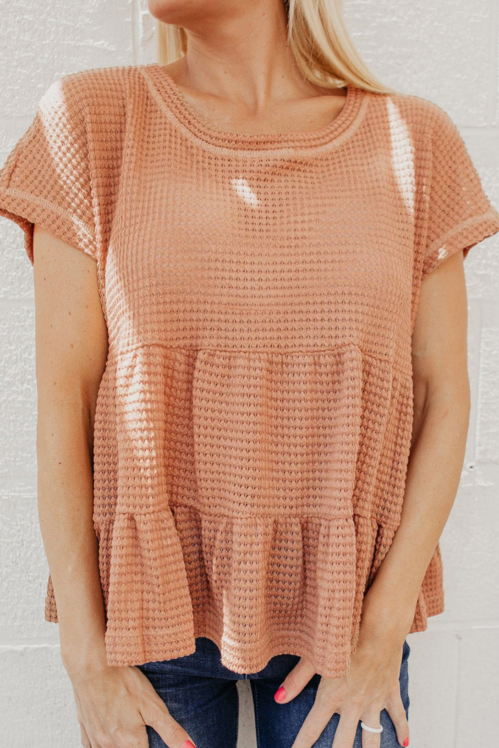 Nude Waffle Knit Ruffle Tiered Short Sleeve Blouse