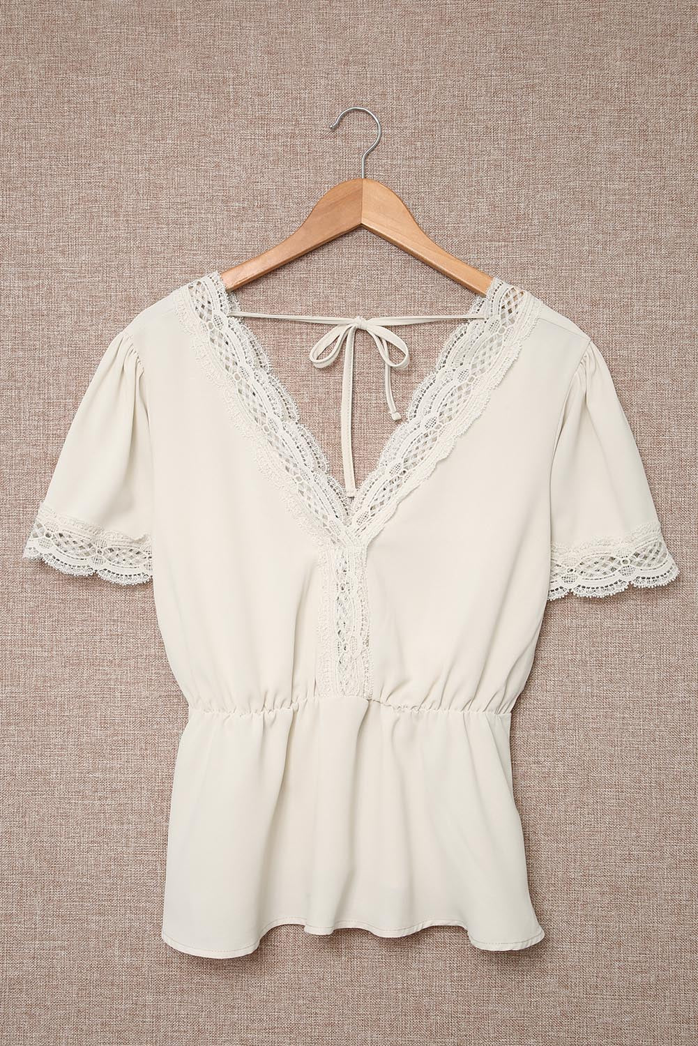 Lace Splicing V Neck Short Sleeve Blouse