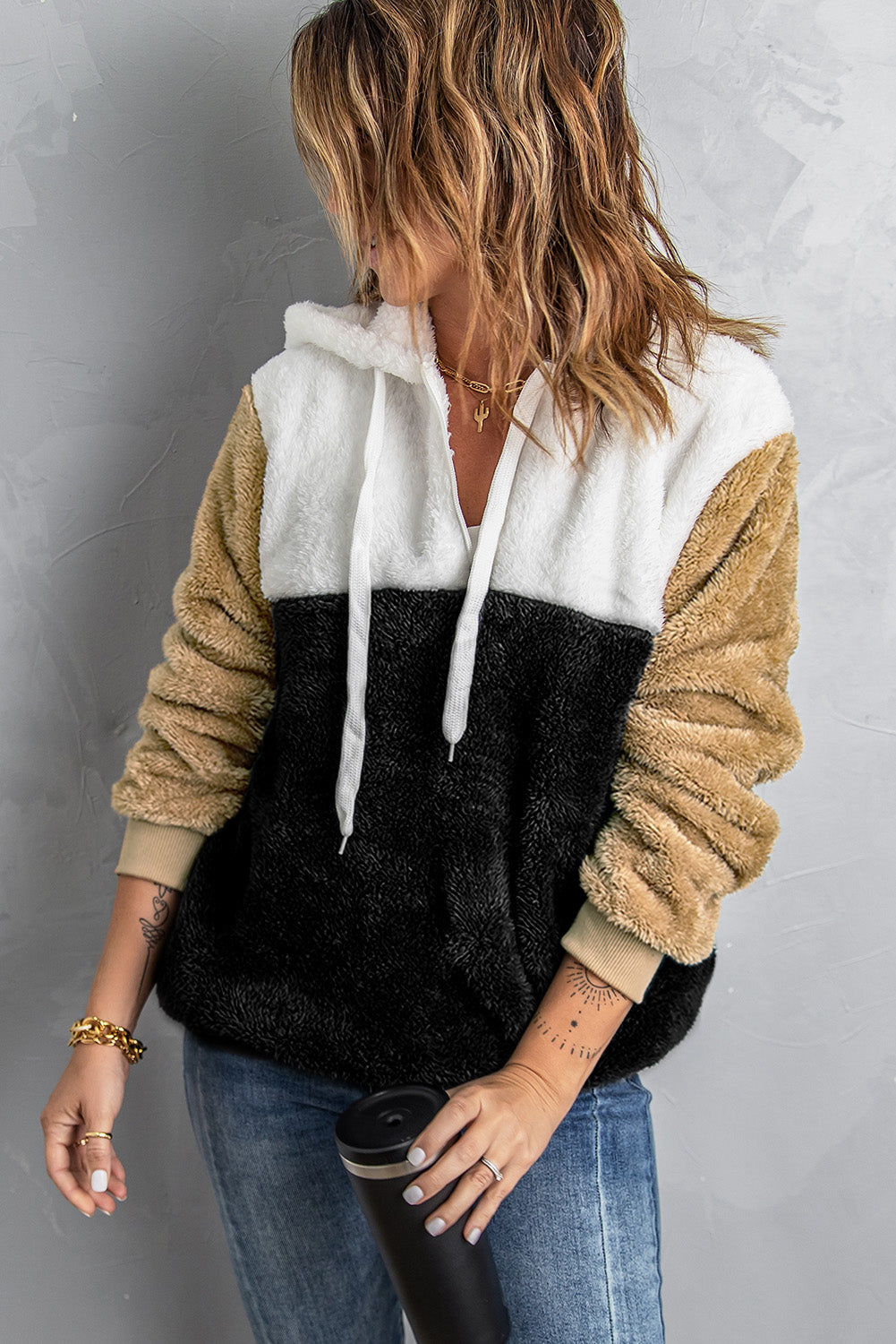 Colorblock Fluffy Faux Fur Hoodie
