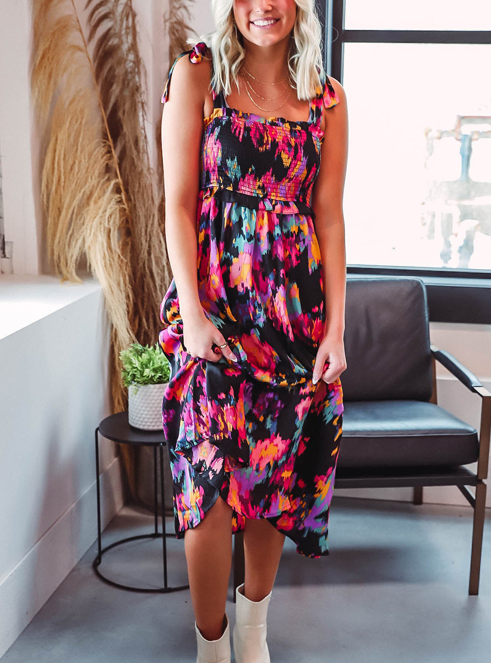 Black Smocked Tie-dye Print Midi Dress