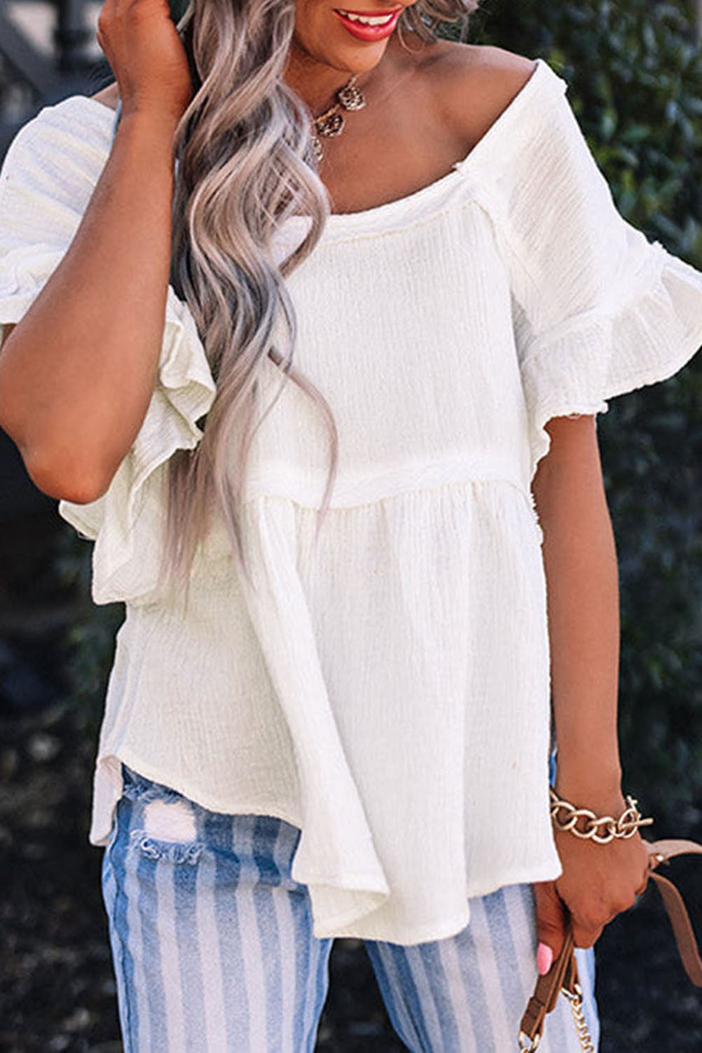 White Ruffled Short Sleeves Crinkled Flowy Top