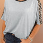 Gray Leopard Splicing O-neck Short Sleeve T Shirt