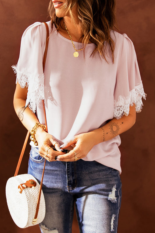 Satin Lace Flutter Sleeve Top