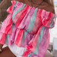 Multicolor Stripe Print Frill Off Shoulder Bubble Sleeve Blouse