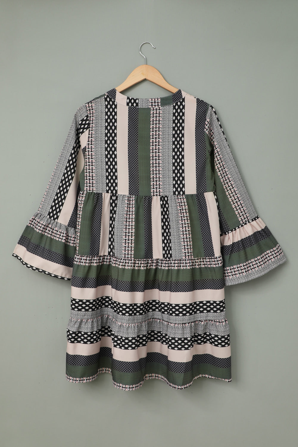 Geometric Print V neck Ruffle Swing Mini Dress