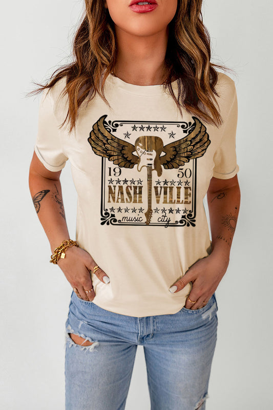 NASHVILLE Guitar Wings Graphic Print Crewneck T Shirt