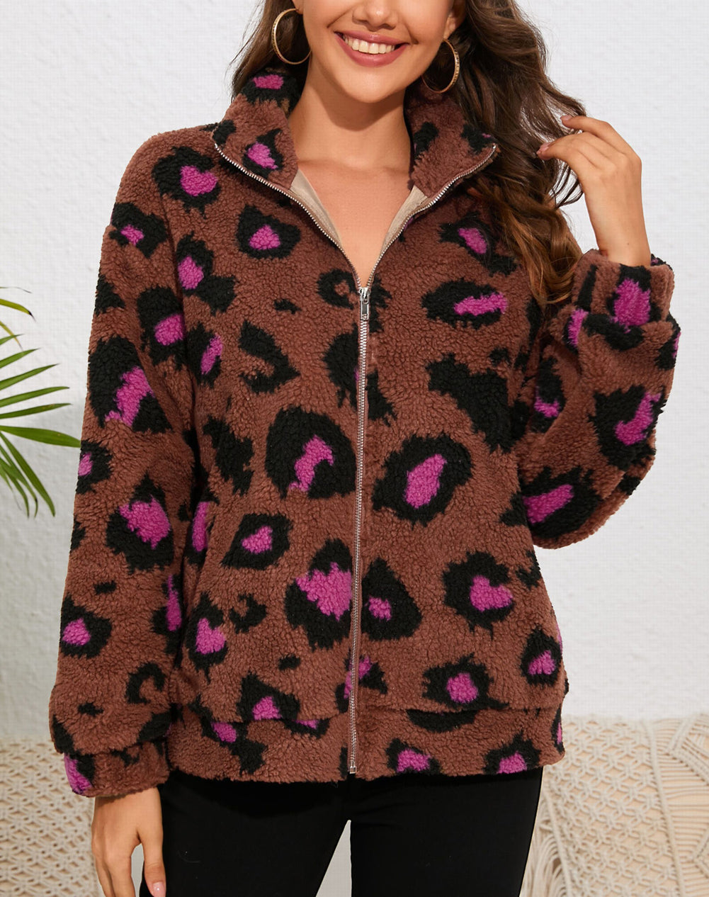 Leopard Zip Up Stand Collar Sherpa Teddy Jacket