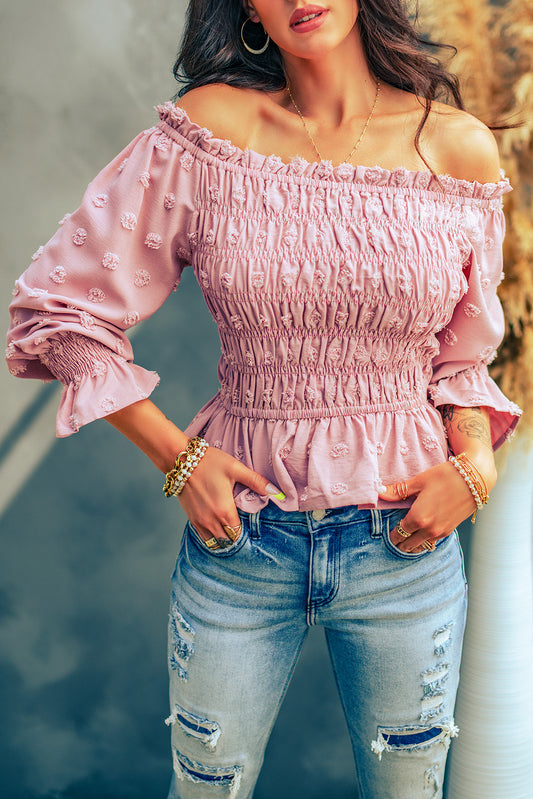 Pink Swiss Dot Smocking Off Shoulder Peplum Top
