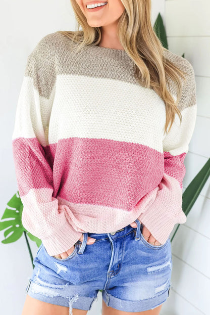 Rose Crew Neck Color Block Sweater