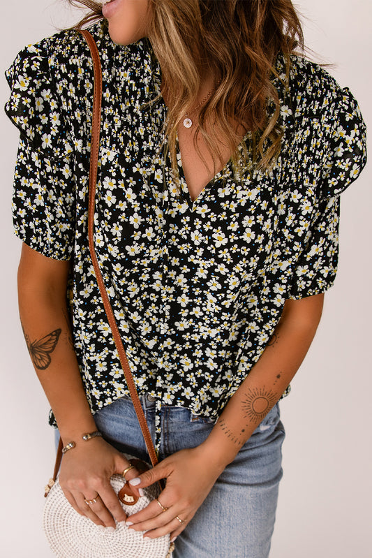 Floral Print Smocked Ruffled V Neck T-shirt