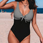 Striped Patchwork Open Back Sleeveless V Neck Swimsuit