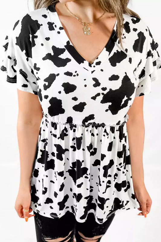 White Cow Spots Print V Neck Ruffled Casual Blouse