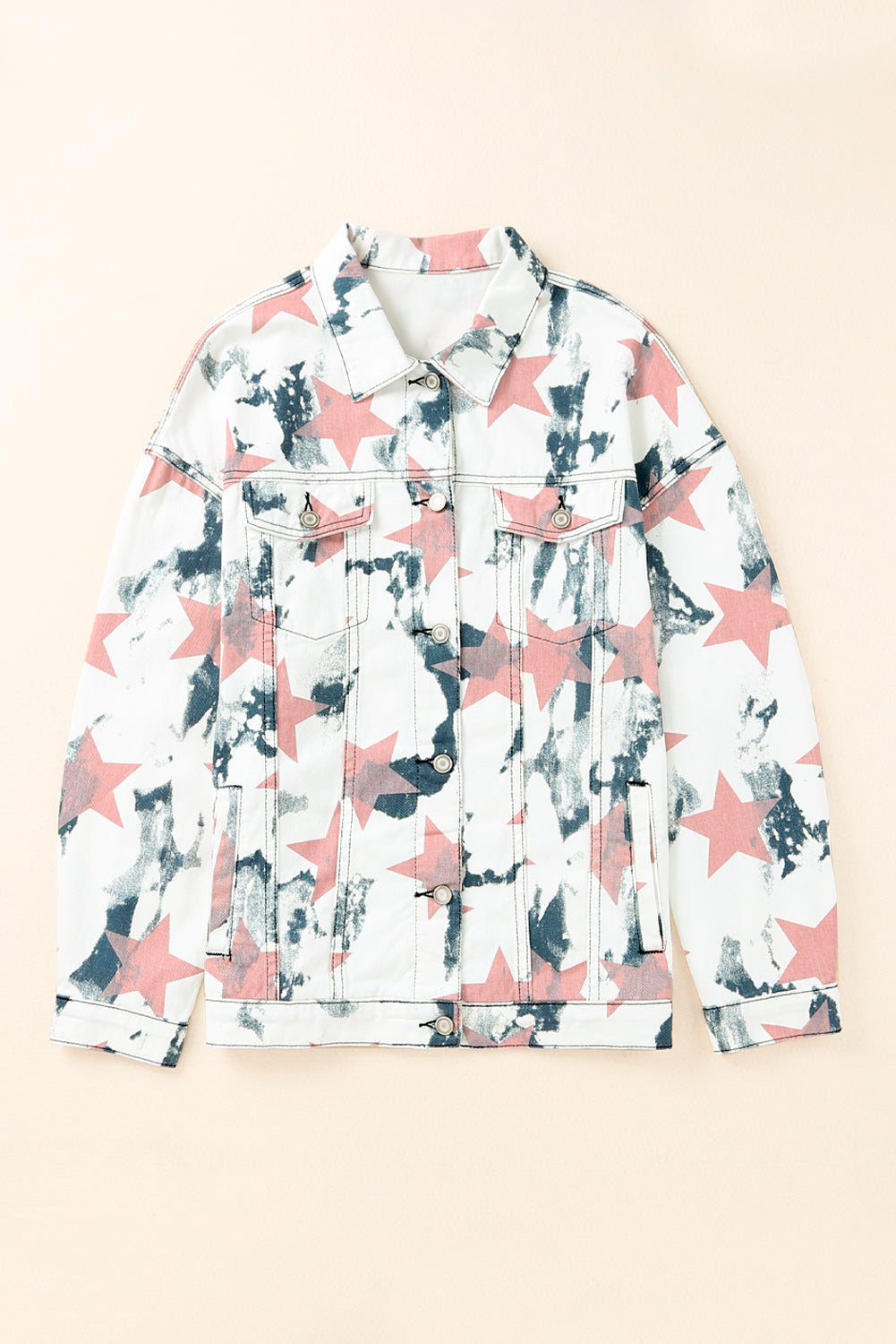 White Stars Tie Dye Print Buttoned Denim Jacket